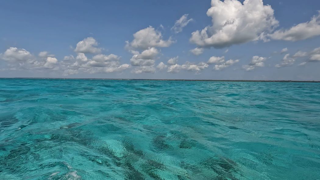 Sansibar blaues Meer vom Boot aus vor Mnemba Island mit Atoll